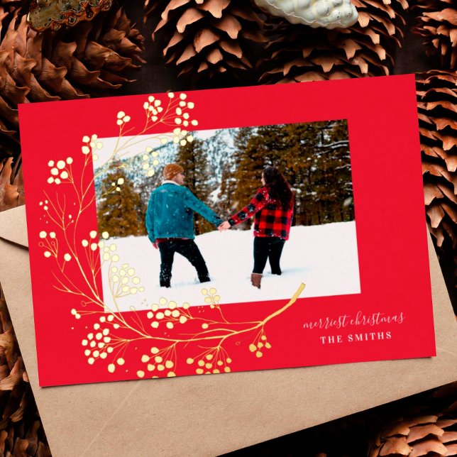 Gold Winter Natural Red Merry Christmas Photo Foil Holiday Card (Creator Uploaded)