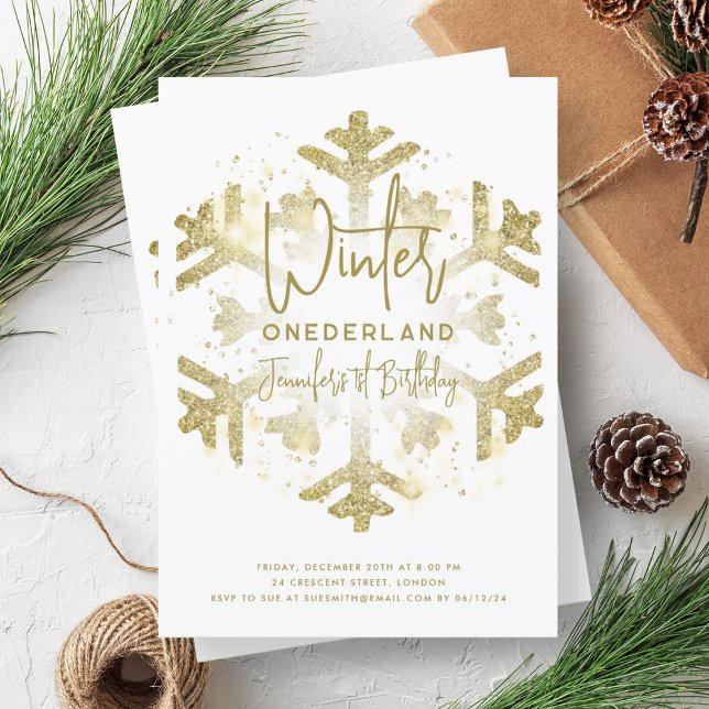 Gold Winter ONEDERLAND 1st Birthday FAUX Glitter Invitation (Gold Winter ONEDERLAND 1st Birthday FAUX Glitter Invitation)