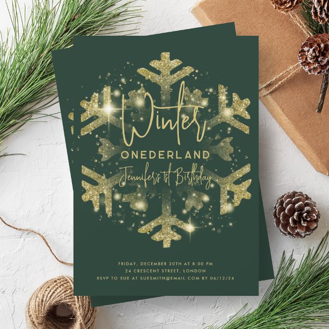 Gold Winter ONEDERLAND 1st Birthday Glitter Green Invitation (Gold Winter ONEDERLAND 1st Birthday Glitter Green Invitation)