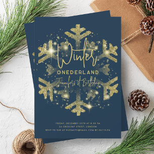 Gold Winter ONEDERLAND 1st Birthday Glitter Navy Invitation
