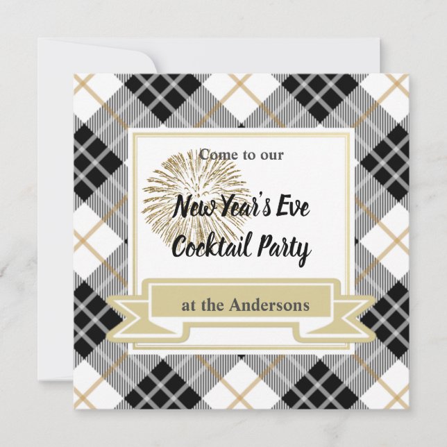 Gold Winter Plaid New Year's Party Invitation (Front)