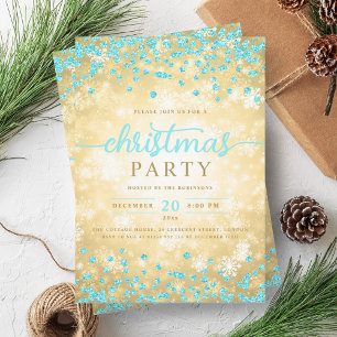 Gold Winter Silver Diamonds Christmas Turquoise  Invitation