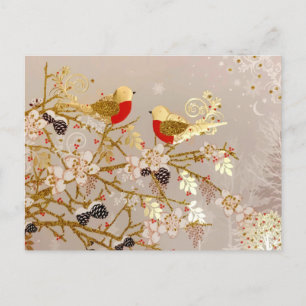 Gold Winter Snow Birds Country Christmas Announcement Postcard
