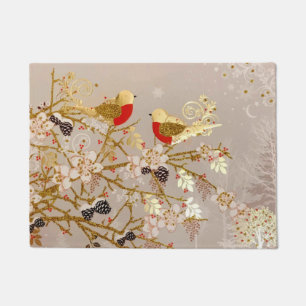 Gold Winter Snow Birds Country Christmas Doormat