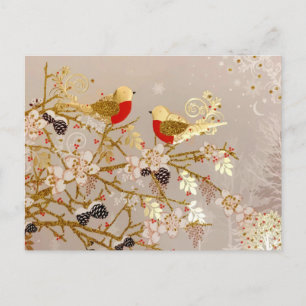 Gold Winter Snow Birds Country Christmas Postcard