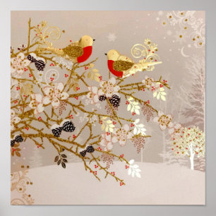 Gold Winter Snow Birds Country Christmas Poster