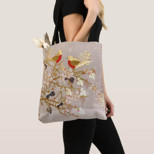 Gold Winter Snow Birds Country Christmas Tote Bag