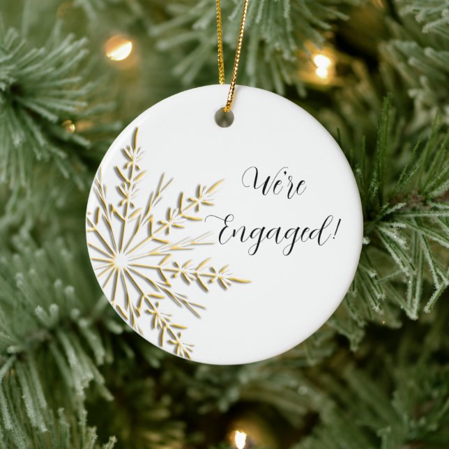 Gold Winter Snowflake on White Engagement Ceramic Ornament (Tree)