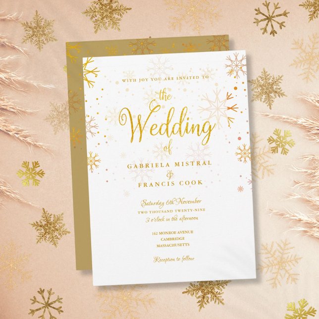 Gold Winter Snowflakes Elegant Script Wedding Invitation (Gold Winter Snowflakes Elegant Script Wedding Invitation)