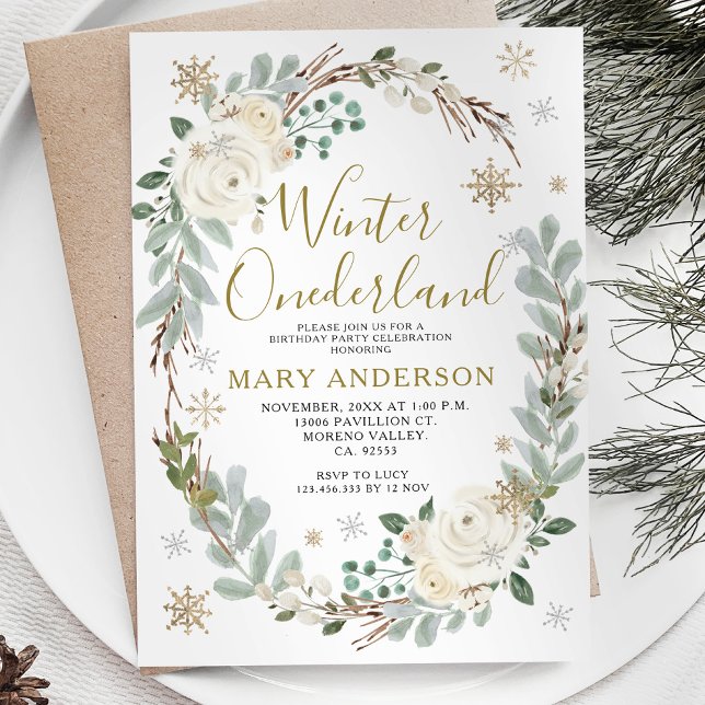 Gold Winter Snowy Onederland 1st Birthday Invitation (Creator Uploaded)