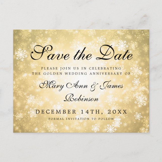 Gold Winter Wonderland Anniversary Save The Date Announcement Postcard (Front)