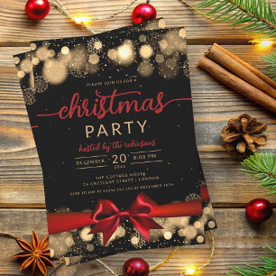Gold Winter Wonderland Family Xmas Red Ribbon Invitation