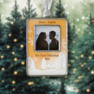 Gold Winter Wonderland Snowy Houses Photo Silver Plated Framed Ornament