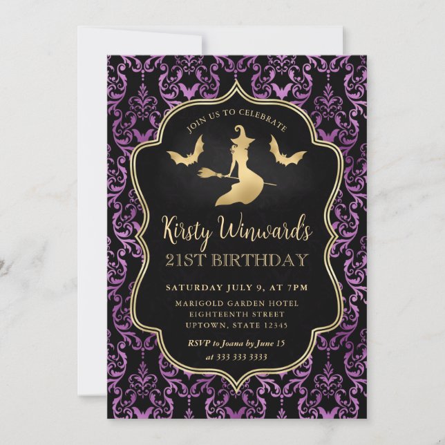 Gold Witch and Bats Damask 21st Birthday Invitation (Front)