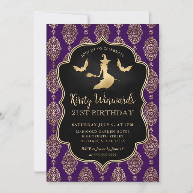 Gold Witch and Damask Pattern 21st Birthday Invitation (Front)