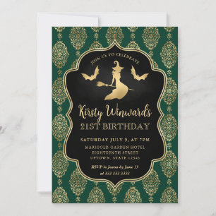 Gold Witch and Damask Pattern 21st Birthday Invitation
