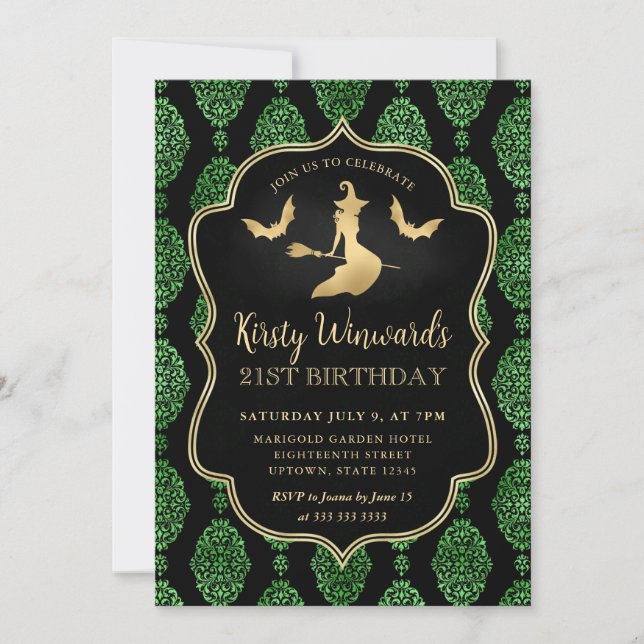 Gold Witch and Halloween Damask 21st Birthday Invitation (Front)