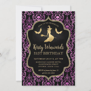 Gold Witch and Skulls Damask 21st Birthday Invitation