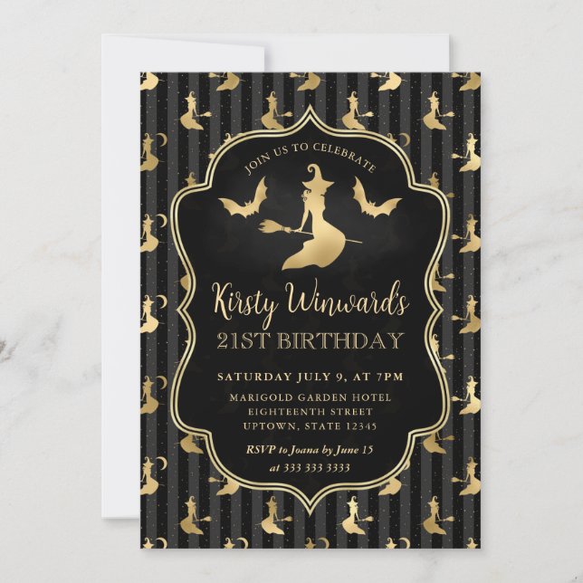 Gold Witch and Stripes Pattern 21st Birthday Invitation (Front)