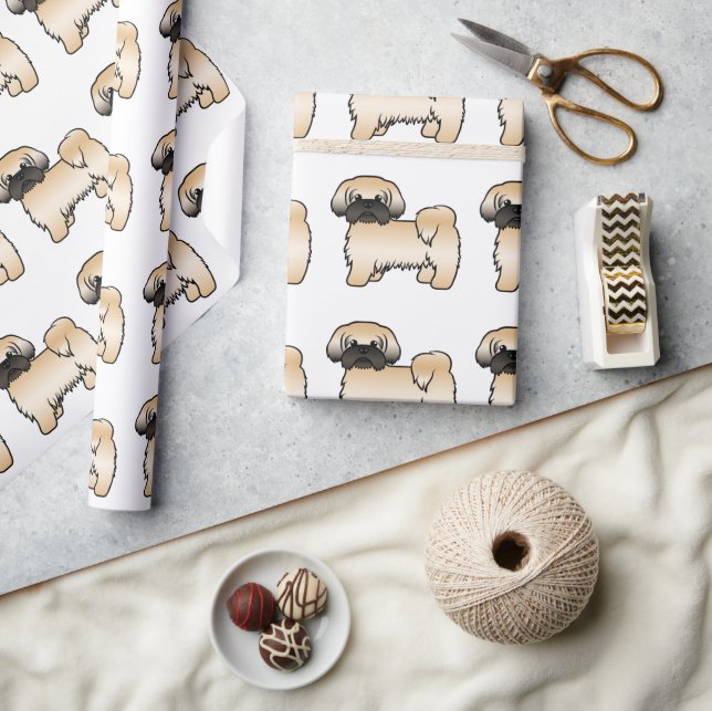 Gold With Black Mask Shih Tzu Cartoon Dog Pattern Wrapping Paper (Crafts)
