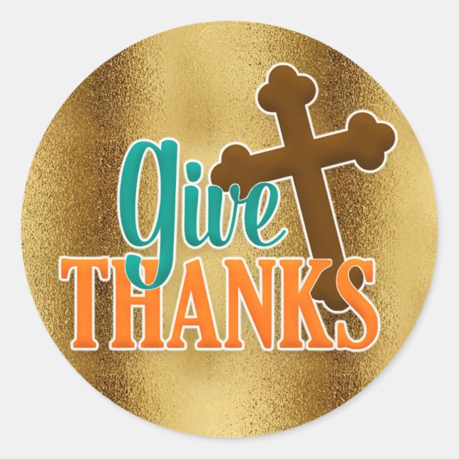 Gold with Brown Cross Give Thanks Sticker (Front)