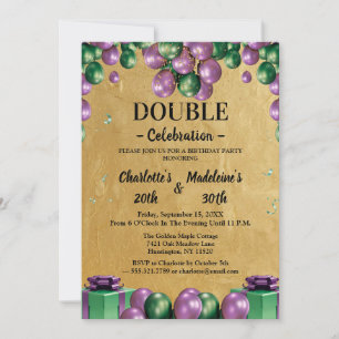Gold with Green & Purple Balloons Joint Birthday Invitation