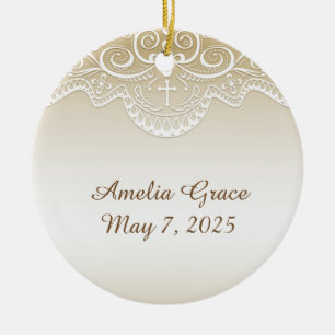 Gold with Lace, Cross, Religious Ceramic Tree Decoration
