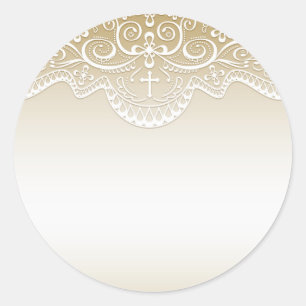 Gold with Lace, Cross, Religious Classic Round Sticker