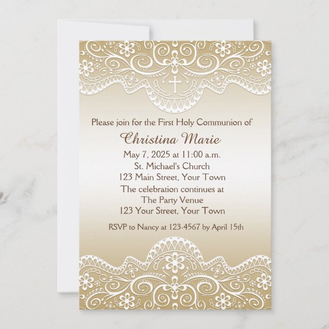 Gold with Lace, Cross, Religious Invitation (Front)