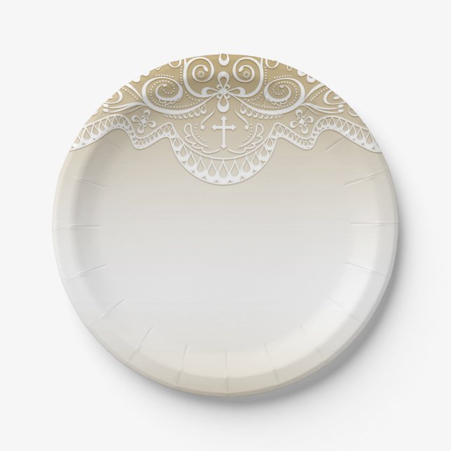 Gold with Lace, Cross, Religious Paper Plate (Front)