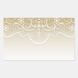 Gold with Lace, Cross, Religious Rectangular Sticker
