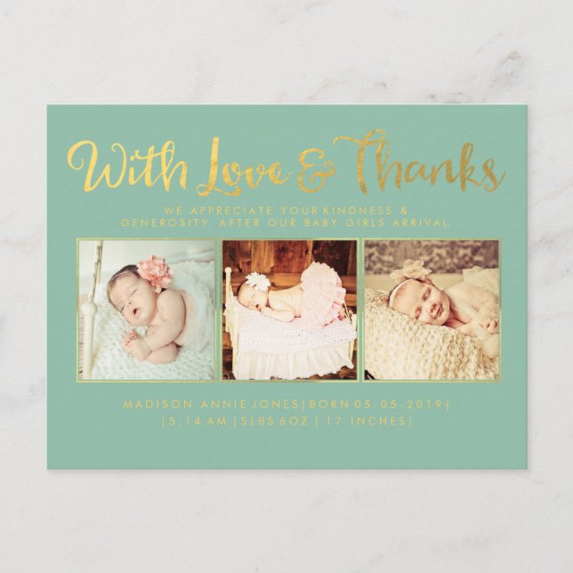 Gold With Love and Thanks Sip & See Postcard (Front)