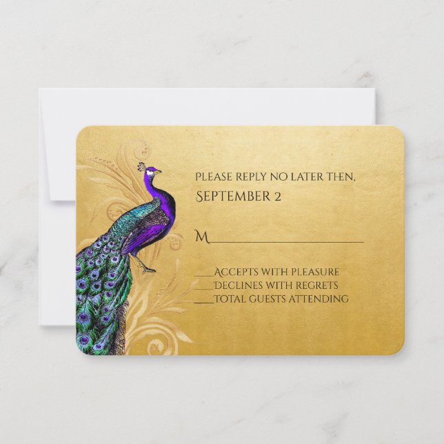 Gold With Peacock Wedding RSVP Card (Front)
