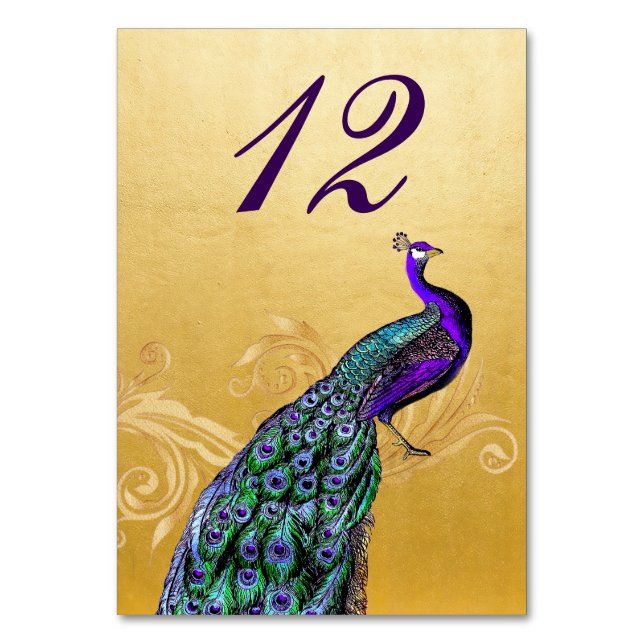 Gold with Peacock Wedding Table Number Card (Front)