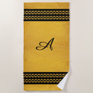Gold with Vertical Black Monogram Bars & Diamonds  Beach Towel