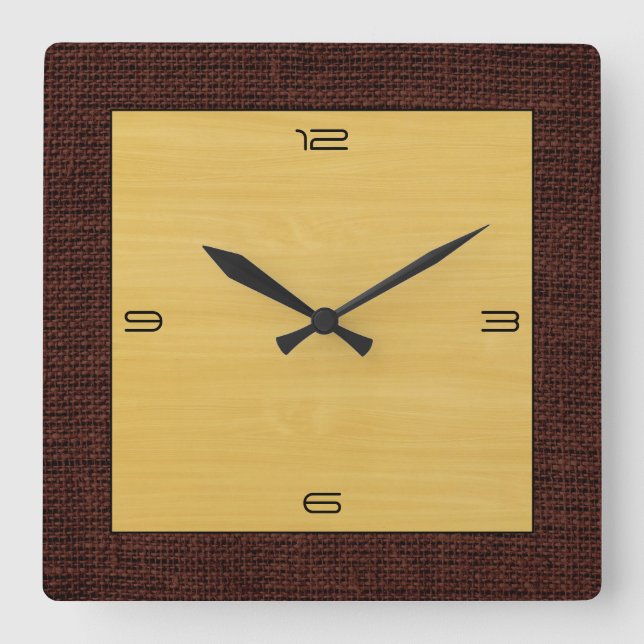 Gold Wood Grain Modern Burlap Border Square Wall Clock (Front)