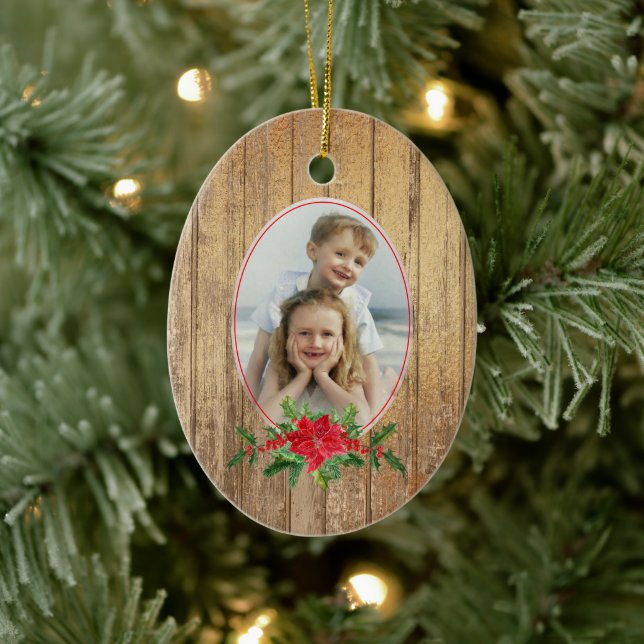 Gold Wood Poinsettia Frame Photo Template Holiday Ceramic Ornament (Tree)