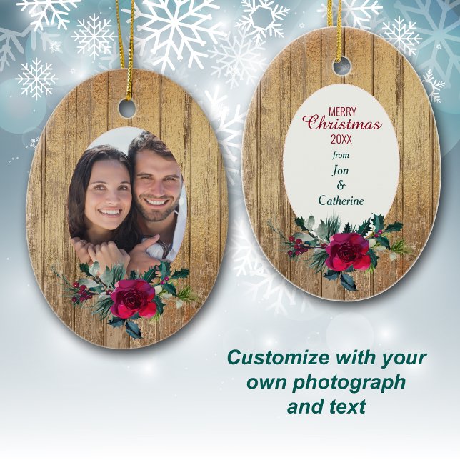 Gold Wood Red Rose Frame Photo Template Holiday Ceramic Ornament (Creator Uploaded)