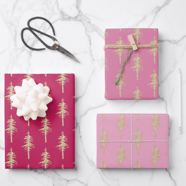 Gold Woodland Pine Tree Forest Pink Raspberry Red Wrapping Paper Sheet (Front)