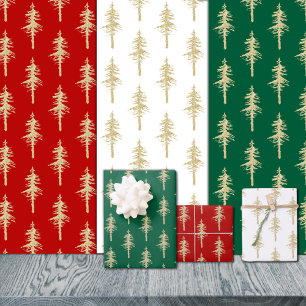 Gold Woodland Pine Tree Forest Red Green & White Wrapping Paper Sheet