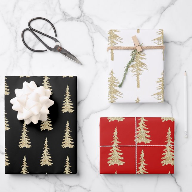 Gold Woodland Spruce Trees Black White Holiday Red Wrapping Paper Sheet (Front)