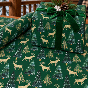 Gold Woodland Stag & Trees On Pine Green Wrapping Paper