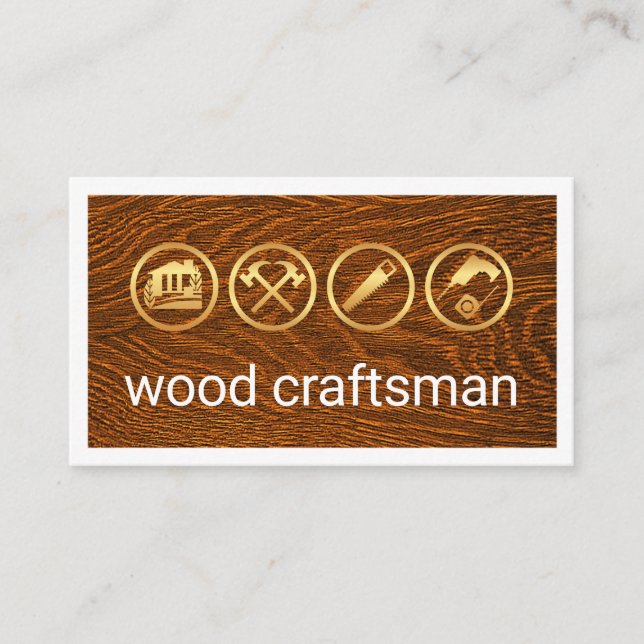 Gold Woodman Tools On Timber Wood Business Card (Front)
