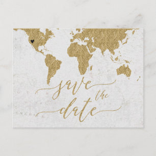 Gold World Map Destination Save the Date Announcement Postcard