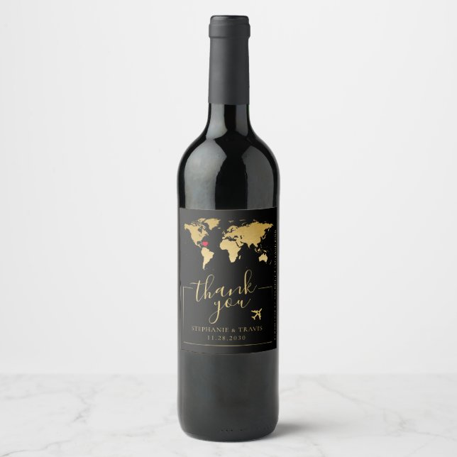 Gold World Map Destination Wedding Thank You Wine  Label (Front)