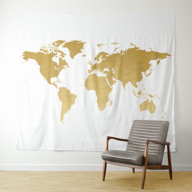 Gold World Map Detailed Globe Backdrop Tapestry (In Situ (Horizontal))