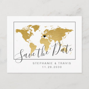 Gold World Map Minimal Save the Date Postcard