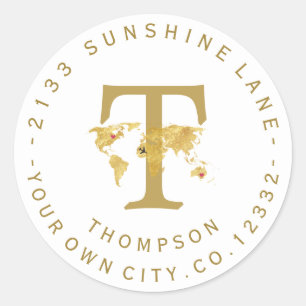 Gold World Map Monogram Circular Address Label