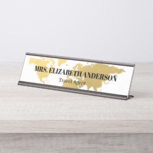 Gold World map travel agency Desk Name Plate