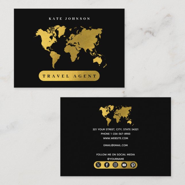 Gold World Map Travel Agent Social Media Icons Business Card (Front/Back)